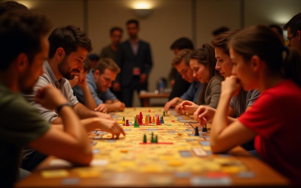 Participantes atentos en un torneo de Catan disfrutando la competencia